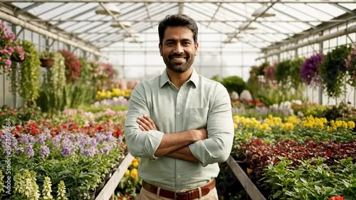 Smiling man with crossed arms standing in a vibrant greenhouse filled with colorful flowers and plants
