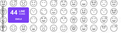 Set of 44 thin line emoji emoticon icons. Happy, sad, nerd, love, laughing expressions. Vector outline illustration pack for web and app design