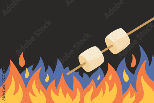 Roasting marshmallows over campfire flames illustration