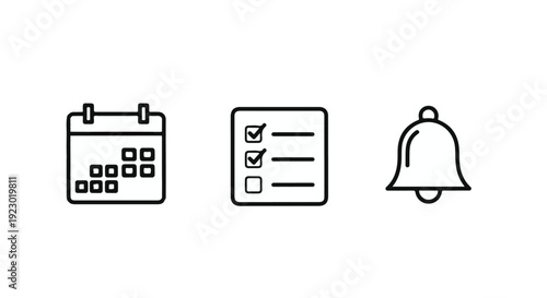 Modern line icons for organization and productivity, calendar, checklist, and bell on white background, symbolizing planning, task management, and notification