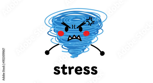 A cartoon illustration of a stressed character depicted as a swirling blue storm cloud with arms and a frowning face
