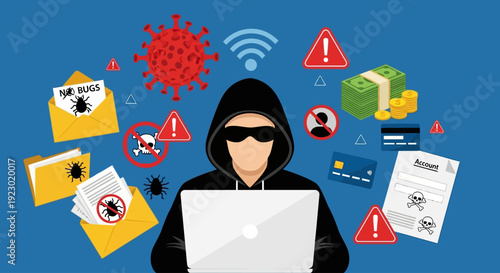 Hacker accessing sensitive information on laptop surrounded by warning signs and malware symbols in a digital environment