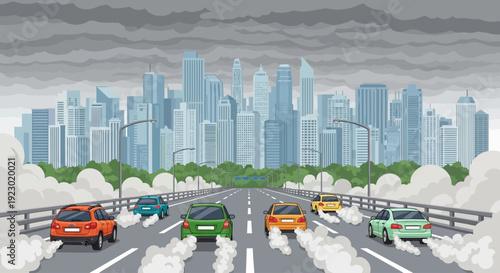 Cityscape illustration of vehicles on a foggy highway with skyscrapers in the background
