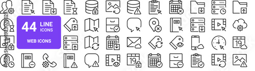 Set of 44 thin line web icons including user, music player, cloud computing, mail, calendar, folder, database. Vector illustration with editable stroke