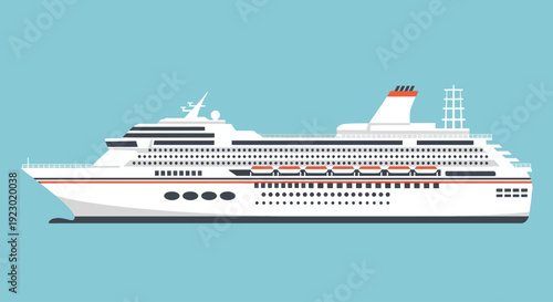 A large cruise ship sailing through calm waters, viewed from the side, showcasing its multiple decks and luxurious amenities.
