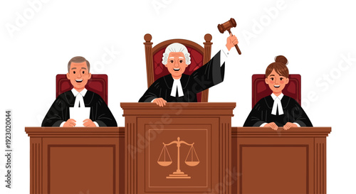 Judge holding gavel in courtroom with lawyers at a wooden desk, illustration, serious atmosphere, frontal view