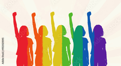 Diverse group of people raising hands in solidarity with rainbow colors