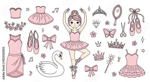 Ballerina surrounded by ballet accessories and swan in a whimsical illustration style