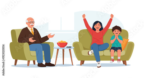 Family enjoying quality time together on sofas in a cozy living room scene