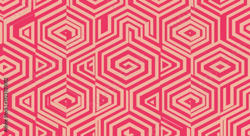 Geometric pattern featuring concentric diamonds and hexagons in vibrant pink and white hues, creating a mesmerizing visual effect