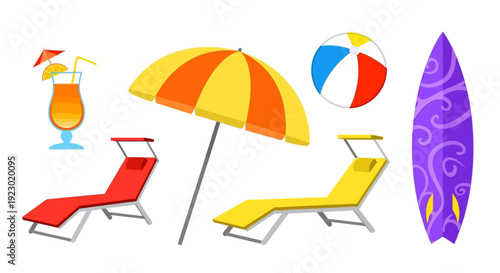 Vibrant beach scene with chairs, umbrella, surfboard, and beach ball, showcasing a relaxing seaside getaway
