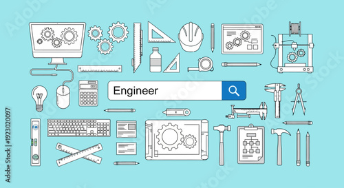 Collection of engineering tools and symbols surrounding a search bar with the word Engineer on a technical background