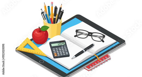 Modern tablet displaying calculator, glasses, and pens surrounded by stationery and an apple on a clean workspace