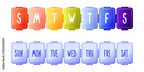 Two different weekly pillboxes for pills and medicines, closed, blue and multicolored. The names of the days of the weeks are on the covers. Plastic box, organizer for distributing tablets, top view.