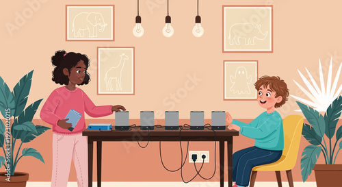 Two women collaborating at a table with computers in a modern office setting with plants and artwork