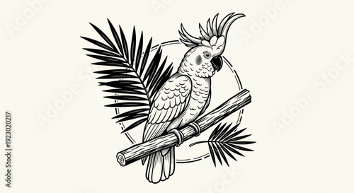 Cockatoo perched on branch with tropical leaves, a serene illustration viewed from the side.