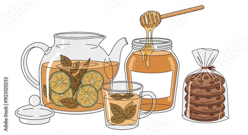 Herbal tea with honey and biscuits on a table, a soothing beverage setup