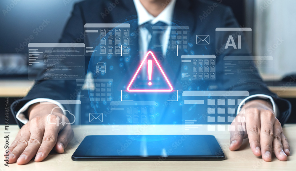 Fototapeta premium A business professional examines digital warning signs indicating data security threats, set in a modern office. The scene highlights technology impact on risk management and decision-making. Gantry