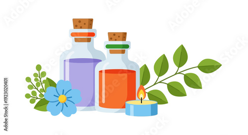 Serene spa scene with bottles and candle surrounded by flowers and leaves viewed from the front