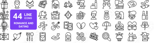Set of 44 thin line romance and dating icons. Gift, wine, flowers, love symbols. Outline vector illustration for web and app design