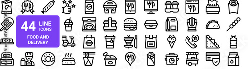 Set of 44 thin line food delivery icons. Fast food, snacks, sushi, ice cream. Outline vector illustration pack for web and app design