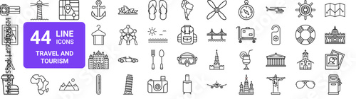 Set of 44 thin line travel and tourism icons. Landmarks, vacation, transportation symbols. Outline vector illustration pack for web and app design