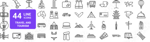 Set of 44 thin line travel and tourism icons. Landmarks, transportation, vacation symbols. Outline vector illustration pack for web and apps