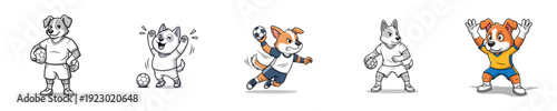 Handball Cartoon Cute Dog Characters Playing Ball Sport Vector Collection