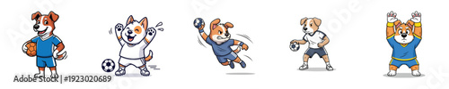 Handball Players Cute Dog Characters Throwing Ball Sport Vector Collection