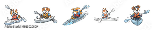 Kayaking Cartoon Cute Dog Characters Paddling Water Sport Vector Collection