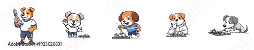 Chess Game Cute Dog Characters Playing Strategic Board Match Vector Collection
