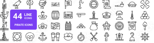 Set of 44 thin line pirate icons. Treasure, ship, skull, map, anchor, compass, cannon, whale, rum symbols. Vector illustration pack for web and design