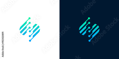 Modern Digital S Letter Logo Design with Circuits and Dots, Blue and Green Gradient on White and Dark Backgrounds