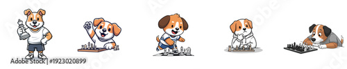 Chess Strategy Cute Dog Characters Playing Board Game Vector Collection