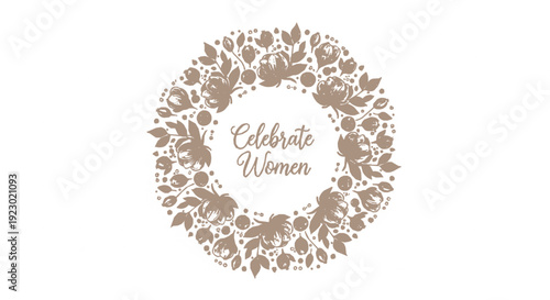 Celebrate women emblem with floral wreath and text on white background