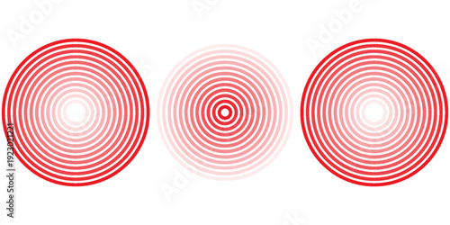 Red concentric ripple circles set. Sonar or sound wave rings collection. Epicentre, target, radar icon concept. Radial signal or vibration elements. Halftone vector illustration