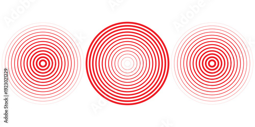 Red concentric ripple circles set. Sonar or sound wave rings collection. Epicentre, target, radar icon concept. Radial signal or vibration elements. Halftone vector illustration