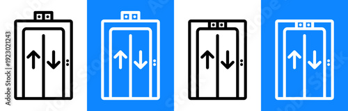 Elevator contour icon displayed on white and blue backgrounds. High contrast vector illustration suitable for signage, wayfinding and accessibility graphics.