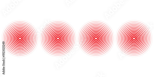 Red concentric ripple circles set. Sonar or sound wave rings collection. Epicentre, target, radar icon concept. Radial signal or vibration elements. Halftone vector illustration