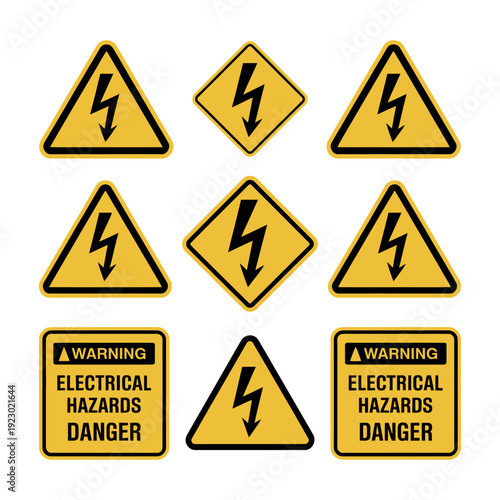 A collection of warning signs indicating electrical hazards and danger