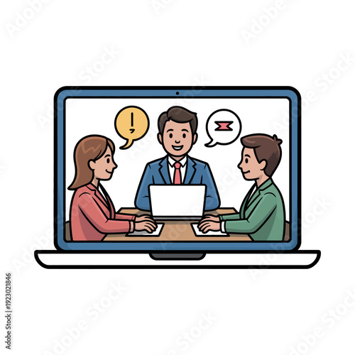 A cartoon illustration of three businesspeople engaged in a video conference on a laptop