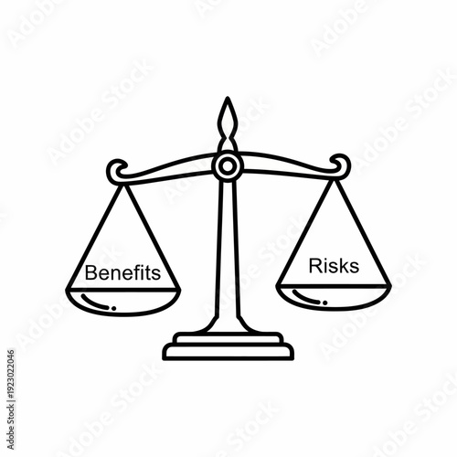 A balanced scale with the words Benefits and Risks