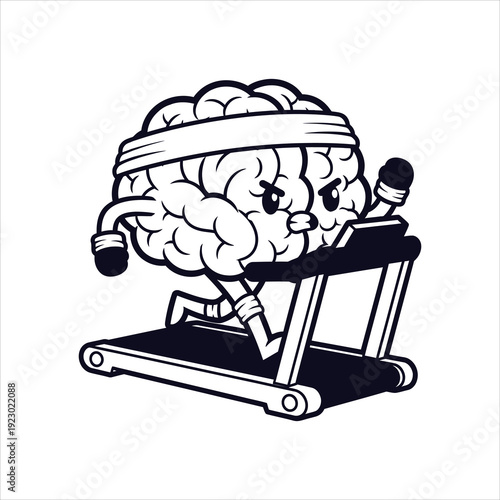 Cartoon brain character with headband running on treadmill exercise fitness