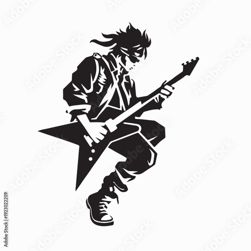 Rock Music Performer with Electric Guitar Silhouette on White Background