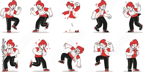 A sequence of animated characters running while holding red heart-shaped objects isolated on transparent background, Vector