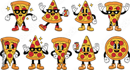 Cheerful anthropomorphic pizzas in various dynamic poses and expressions isolated on transparent background, Vector