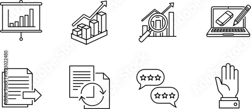 Illustrations depicting various business and communication concepts in icons isolated on transparent background, Vector