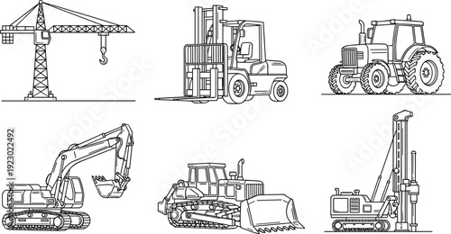 Collection of heavy machinery used in construction and excavation industries isolated on transparent background, Vector