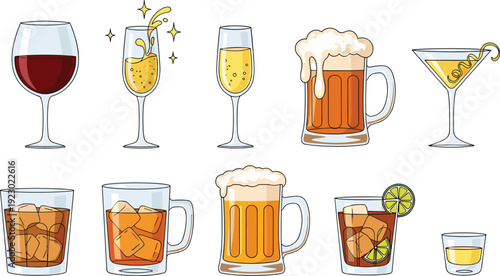 A variety of different alcoholic and non-alcoholic beverages in glassware isolated on transparent background, Vector