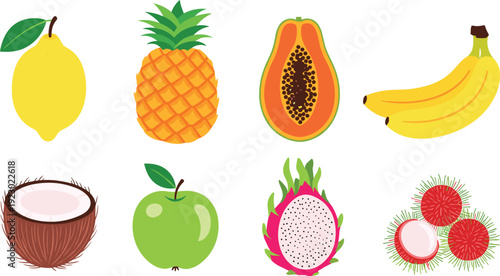 A vibrant assortment of tropical and common fruits displayed in a visually appealing manner isolated on transparent background, Vector